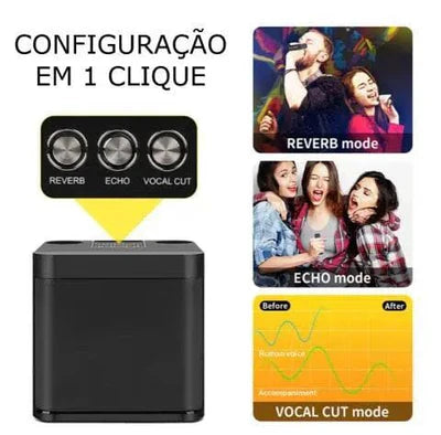 Karaokê Premium com 2 Microfones Sem Fio Garanta a diversão das suas festas com som potente !