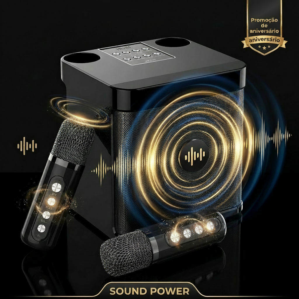 Karaokê Premium com 2 Microfones Sem Fio Garanta a diversão das suas festas com som potente !